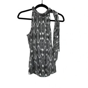 Ann Taylor Womens Size Med Petite Tie Neck Sleeveless Blouse Black White Top